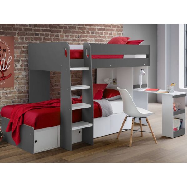 Ebril Wooden Bunk Bed With Desk And Ladder In Charcoal And White