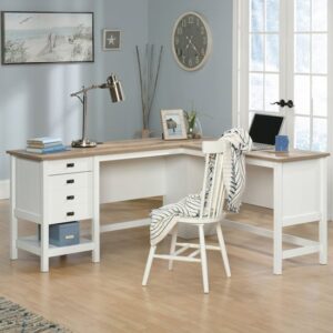 Saginaw Wooden L Shaped Laptop Desk In Soft White And Lintel Oak